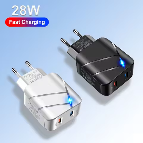28W Lighted QC3.0+2.1A USB Universal QC3.0 Fast Charging Dual USB Port EU Plug Phone Charger Adapter