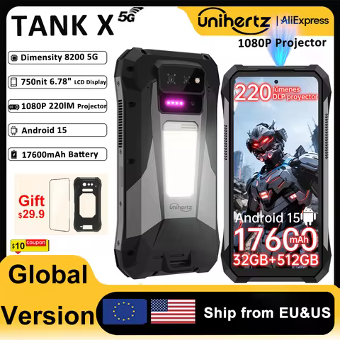 Unihertz by 8849 TANK X Rugged Smartphone 5G Android 15 Built-in 1080P 220 lumen DLP Projection 1760