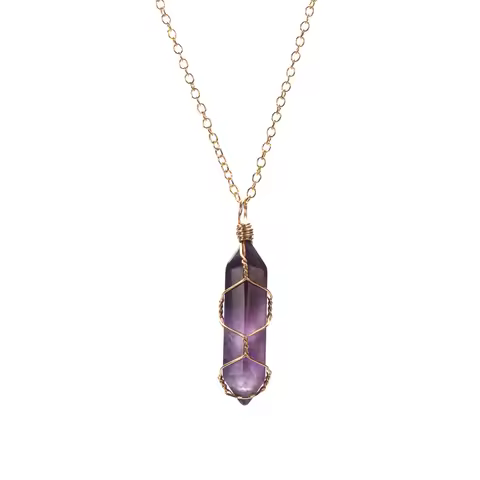 1Pc Fashion Hexagonal Cylindrical Crystal Necklace Wire Wrap Stone Pendant Natural Stone Amethyst Ne
