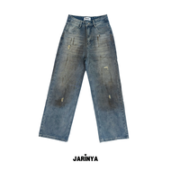 JARINYA (S-XL) กางเกงยีนส์ขายาวเอวสูง สีฟอกแต่งดีเทลเลอะ