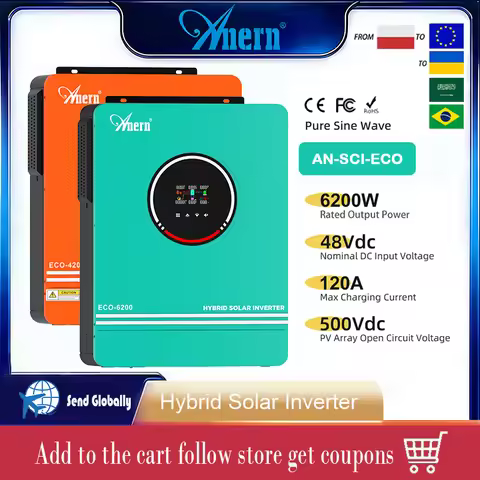 Anern 4.2KW 6.2KW Hybrid Solar Inverter 220V~240V Dual Output MPPT Off-Grid 24V 48V Max PV 500Vdc fo