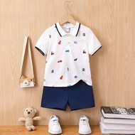 2 cái/bộ Áo'sơ mi polo tay ngắn và quần đùi in hình khủng long & xe hơi thông thường cho bé trai trẻ