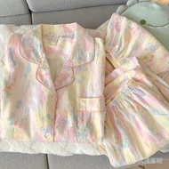 ins Sweet Tulip Plus Size Pajamas Women Summer Short-Sleeved Cloud Pure Cotton Yarn Colorful Smudge 