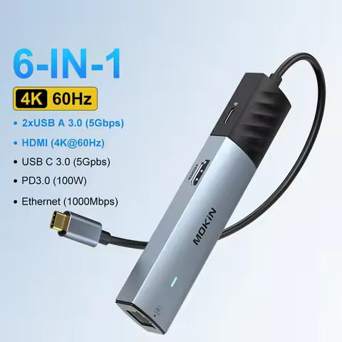 MOKiN USB C HUB 4K 60Hz Type C to HDMI-compatible USB 3.0 Adapter 6 in 1 Type C HUB RJ45 PD 100W USB