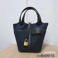[ 稀少好物🥰撞包機率低 ] Hermes 深藍帆布黑Swift皮金釦Picotin18手提包