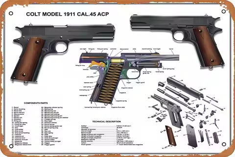 COLT 45 1911 Diagram Art Tin Metal Sign | 8inch x 12inch | Decorative Wall Plaque for Room Garage Ma