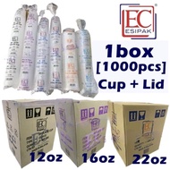 (1 Box=1000pcs) EC12Oz , EC16Oz , EC22Oz PP Cup With Flat Lid | Cawan Plastik & Penutup Cawan (Satu 