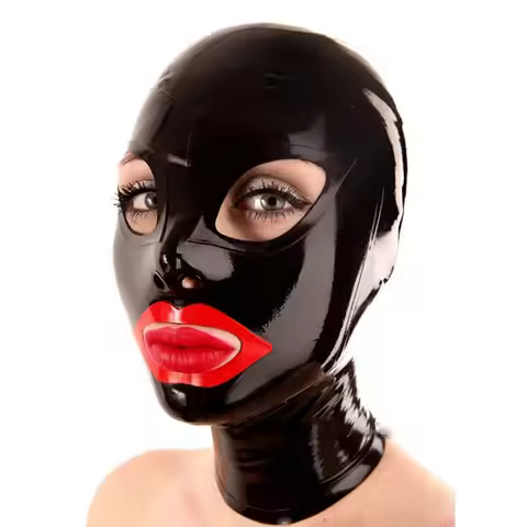 Black Latex Hood with Red Mouth Back Zipper Open Eyes Mouth Rubber Mask Club Party Wear