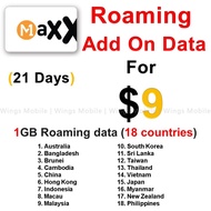 M1 Maxx Roaming Data $9 | Add-On | 1GB Data | Roaming Data| Recharge | 21 Days | Maxx | 18 Countries