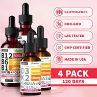 (4-PACK)WellnessBundleVitaminB12&D3K2LiquidEdibleSupplementDropswithB6,B1,Niacin&FolateforEnergy,Bra