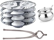 Combo of Stainless Steel 4 Plate Idli Maker Stand (16 Slot), Steel Utensil Grip Tool with Stainless Steel Ghee/Oil Pot