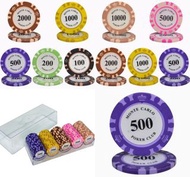 全套100片籌碼連籌碼架透明收納盒鐵芯加重手感皇冠麥穗碼德州撲克碼麻將百家樂大細骰寶游戲幣代幣黏土賭場賭具新年聚會派對100個套裝五面值 Casino Chips 100 Pcs Set Chip R