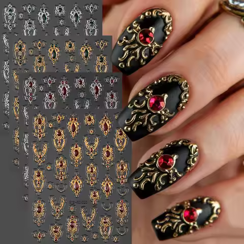 5D Embossed Baroque Gemstone Nail Stickers Bronzing Bohemian Court Crystal Jewerly Nail Design Vinta