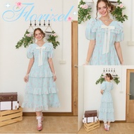 SOULMATE FLORIZEL SM8210 Long Chiffon Dress With Printed Pattern V-Neck Short Sleeve Puffy + Bow Bro
