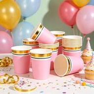 10/24/40 Pcs Pink Cups With Gold Stripes For Parties, 9 Oz Large Capacity, Suitable For Both Hot And