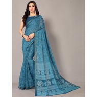 HRITIKA Indian Saree Fabric in Blue & Gold-Toned Floral Zari Block Print Saree / Indian Dress / Indi