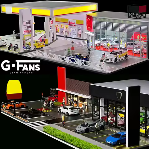 G FANS 1:64 Car Garage Models Shop Parking Building Led Diorama Building Scene Model with Lights Car