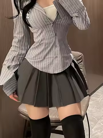 Women Wear New Skirt Set Summer Academy Style JK Popular Design Sense Waistband Long Sleeved Shirt R