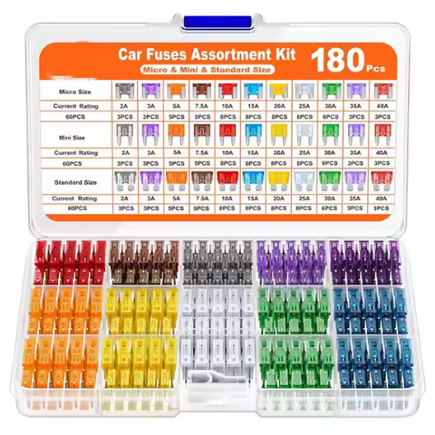 180Pcs Car Fuses Assorted Kit, 60 Mini Blade Car Fuse +60 Standard Fuse Automotive +60 Micro Fuse +