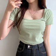 KA5 summer new fresh and sweet square-neck textured fabric side pleated tight-fitting short-sleeved 