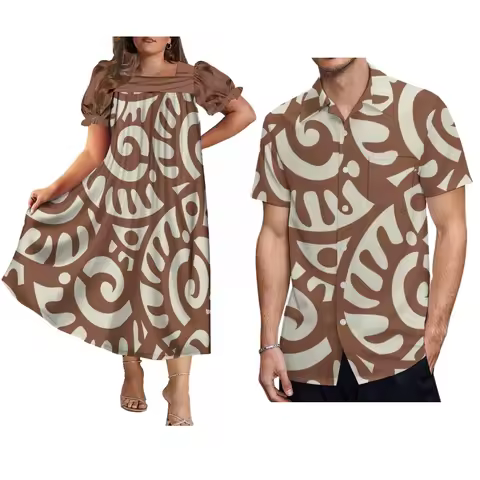 Polynesian Island Couple Set Women'S Mumu V-Neck Dress And Men'S Pocket Shirt From The Hawaiian Isla