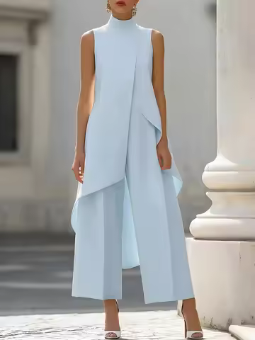 Women High Neck Sleeveless Overlay Wide Leg Jumpsuit Elegant Formal Office Wedding Guest Outfits