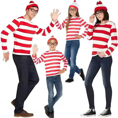 Parent-child Cartoon Where Is Wheres Waldo Striped Shirt Youth Boys Wally Costume Shirt Glasses and 