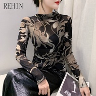 REHIN เสื้อยืดแขนยาวแบบสวมหัวคอเต่าครึ่งตัวเข้ารูปพอดีตาข่ายสำหรับฤดูใบไม้ร่วง/ฤดูหนาว-เสื้อซับในหรู