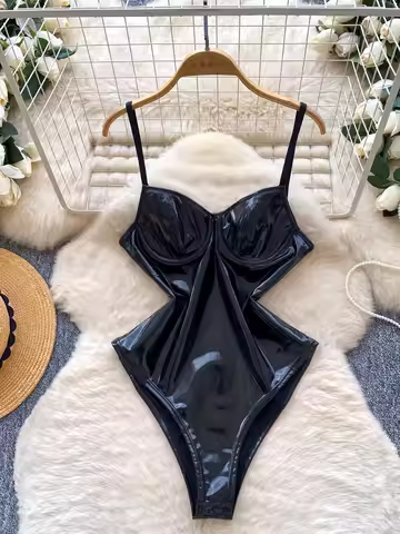 Women's Black Gothic Bodysuit Jumpsuits Overalls Y2k Sleeveless PU Leather Playsuits Vintage Emo Rom