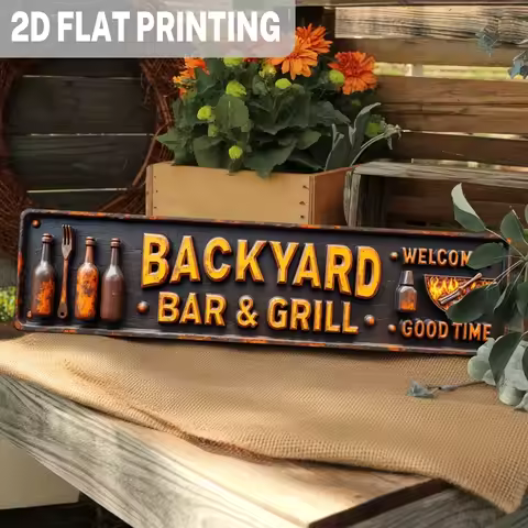 2D Flat - [2D Flat] 2D Design - a Farmhouse Backyard Bar And Barbecue Metal Sign - 2D Printed, Vinta