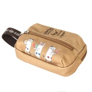 Kusuguru Japan 化妝小物包 狂歡眼鏡貓雙拉鍊扣環零錢包-卡其綠