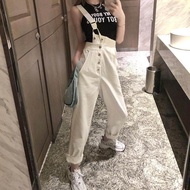 Overall Jeans Women High Waisted Straight Suspenders Loose Korean Style Denim Pants สายเอี๊ยมยีนส์ขา
