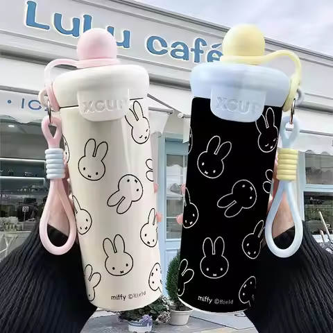 Kawaii Miffy Rabbit All Over Print Thermos Cup Cute Round Ball Lid Design Leakproof Portable Hand St