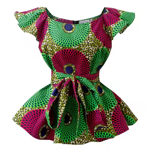 African Print Tops Women Ruffle Ankara Traditional Batik Print with Belt Polyester