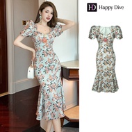 Happy Diva เดรสผู้หญิง เดรสแขนพอง เดรสคอเหลี่ยม เดรสสีเขียว เดรสทำงาน เดรสไฮโซ เดรสออกงาน เดรสไปงานแ