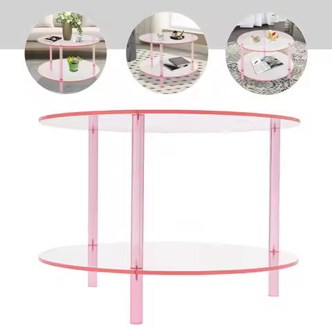 Acrylic Round Coffee Table,Pink 2-tier Freestanding Coffee Table 60*42cm for Coffee Shops,Bookstores