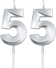 Silver 55th Birthday Candles for Cakes, Number 55 Candle Cake Cupcake Topper for Birthday Anniversar