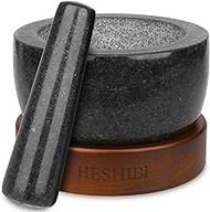 HESHIBI Heavy Duty Mortar and Pestle Set with Wood Base, 100% Natural Granite Mortar and Pestle Small Stone Grinder Bowl, Molcajete Bowl, Masher Guacamole Bowls, 2 Cups Polished Black