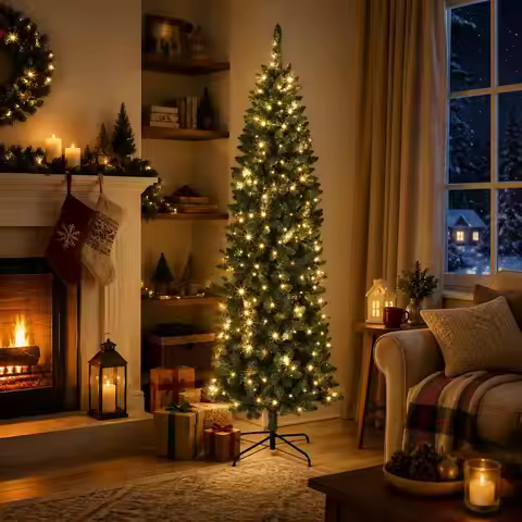 7.5-12ft Pre-Lit Artificial Christmas Tree with 250 Warm White Led Lights, 11 Modes, Slim Design and