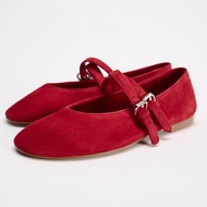 Spain ZARAˉ Womens Shoes Red Buckle Double Ribbon Ballet Style Flat Shoes 2024 Autumn New Round Toe