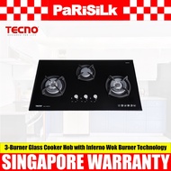 TECNO T 3388TGSV 3-Burner Glass Cooker Hob with Inferno Wok Burner Technology (88cm) (Black)