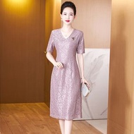 中老年夏季新款兒子結婚禮服喜婆婆媽媽裝洋氣高檔時尚修身連身裙