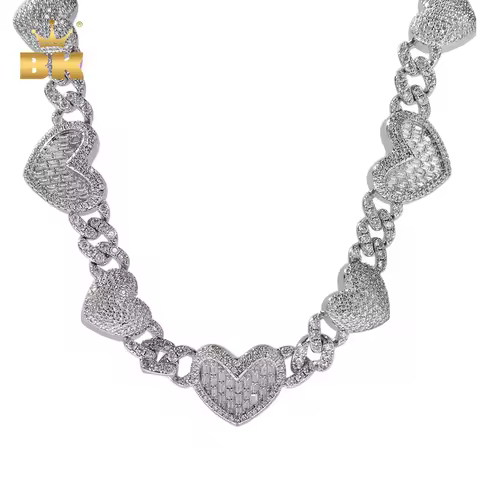 THE BLING KING 13mm Cuban Chain Full Paved 2 Designs Heart Iced Out Bling Baguettecz Necklace Charm 