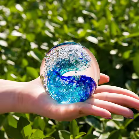 Hand Blown Ocean Wave Bubble Glass Paperweight(Present A Gift Box) Art Colored Glaze Figurines(3.2 I