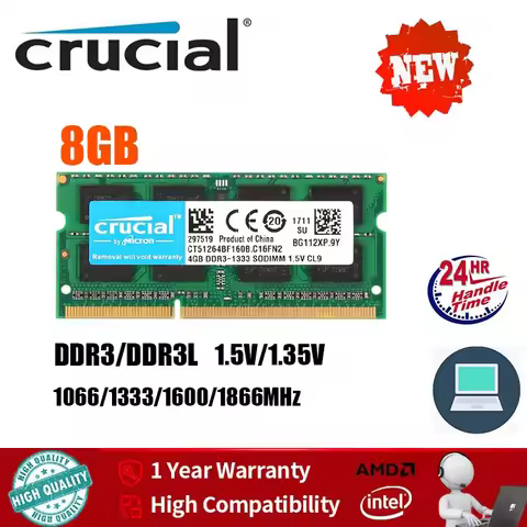 Crucial Notebook DDR3 RAM DDR3L 4GB 8GB SODIMM 1333 1666MHz 204Pin 1.35V/1.5V RAM PC3-10600 12800 FO