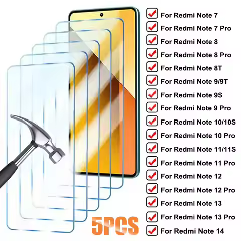 5Pcs Tempered Glass For Xiaomi Redmi Note 13 12 Pro 5G Screen Protector For Redmi Note 11 10 9 8 14 