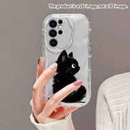 เคสโทรศัพท์ป้องกันหน้าจอขอบคลื่นลายแมวดำน่ารักฟูฟู เข้ากันได้กับ Samsung A14/A15/A16/A17/A04/A05/A06