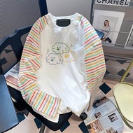 Vintage Rainbow Stripes Long Sleeve T-Shirt Loose Base Layer Shirt round Neck Commute Style Korean V