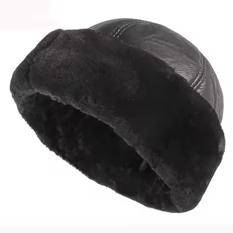 Thick Outdoor Warm Winter Hat Men Black Fur Leather Russian Male Windproof Snow Ski Cap Fleece Lined