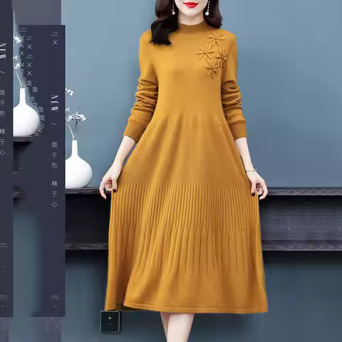2024 Autumn Winter New Women Sweater Dress Mid-Calf Long Chic Female Dresses A-Line Embroidered Wool